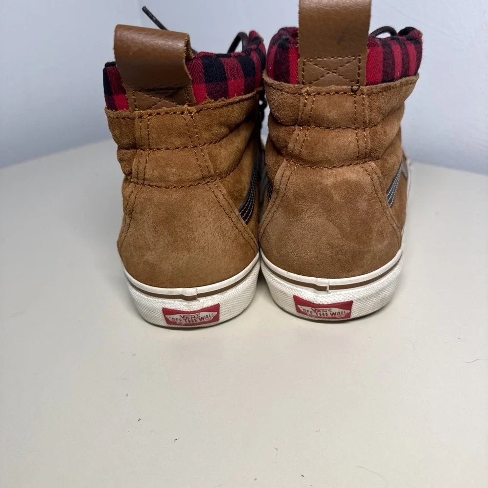 VANS Sk8-Hi MTE-1 Brown Suede Red Plaid Flannel Lined Boots Mens 11 Women's 12